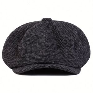Nouveau chapeau de newsboy britannique pour hommes d'âge moyen et âgés, chaud et épais, en tweed rétro, 8 panneaux, pour l'automne et l'hiver - Product Image 3