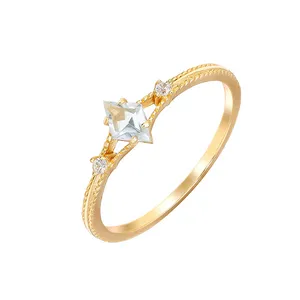 925 perak murni 14K batu permata berlapis emas, manik-manik geometris berlian sederhana cincin Topaz