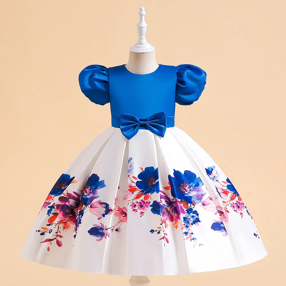 Factory Direct Royal Blue Dress Flowers Print Dress Kids Clothes Floral Ball Gown Party Dresses for Girls