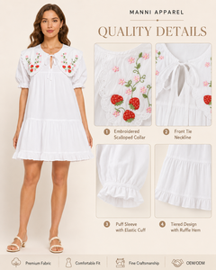 Fabrication <span class=keywords><strong>de</strong></span> vêtements OEM, robe blanche personnalisée, robe courte à volants et manches bouffantes brodée pour femmes - Product Image 3