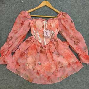 Robe trapèze pour <span class=keywords><strong>femme</strong></span> en soie et organza, à manches bouffantes, longueur genou, taille élastique, motif dessiné à la main, collection Printemps-Été 2026, style plage personnalisé - Product Image 6