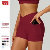 Shorts de yoga moulants taille haute ultra-extensibles en nylon et élasthanne, coupe croisée, couleur unie, pour le sport, la course et le cyclisme en extérieur