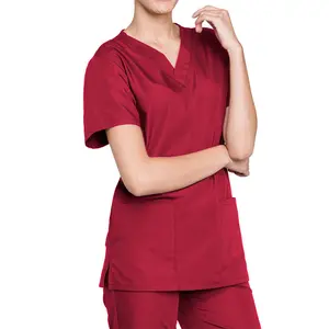 Custom Design 2 Stuks Effen Rode Kleur Korte Mouw Ziekenhuis Arts Verpleegkundige Scrub Uniform Sets