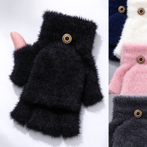 Gants sans doigts en fausse fourrure pour femmes, mitaines convertibles, gants mi-doigts chauds et moelleux pour l'hiver avec fermeture à bouton - Product Image 3