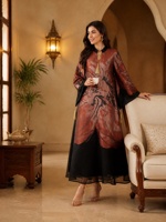 Robe longue maxi YSYL à manches fendues avec décorations de pompons contrastants, idéale pour les fêtes, les festivals, les mariages, vêtements islamiques, polyester jacquard, abaya
