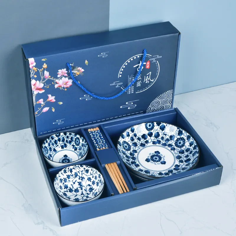 Ciotola regalo set di stoviglie giapponesi ciotole e bacchette in porcellana blu e bianca set di scatole regalo ciotole in ceramica bacchette