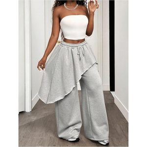 FOXA Women's <b>Asymmetrical</b> <b>Hem</b> Wide Leg Pants Drawstring Waist Streetwear Trousers - Product Image 2