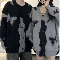 Cardigan à col en V imprimé papillon - Pull en tricot doux et moelleux avec contraste gris et boutons sur le devant, haut unisexe surdimensionné pour l'automne/hiver