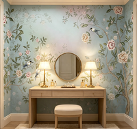 Wallpaper Sutra Motif Bunga dan Burung Warna Biru Muda Vintage, Mural Dinding Dekoratif Modern Mewah untuk Ruang Tamu dan Kamar Tidur