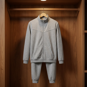 Unisex Gray Cotton Tracksuit Full <b>Zip</b> Stand Collar Casual Autumn Wear Solid Color Side <b>Pockets</b> Regular Fit Adult <b>Jogger</b> Set - Product Image 1