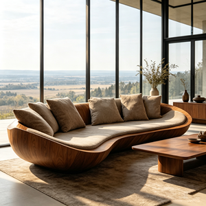 Divano con telaio in fibra di vetro rivestito in simil legno, con struttura a onda, in lino beige, per una moderna residenza con vista sul <span class=keywords><strong>montagna</strong></span> - Product Image 6