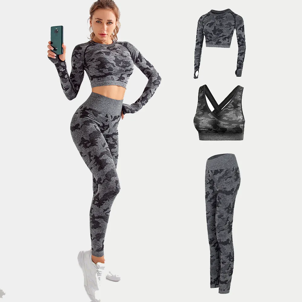 Wanita Yoga Suit Mulus Camo Lengan Panjang Crop Top Olahraga Perapi Wanita 3 Buah Yoga Set Olahraga Bra dan Panty Set