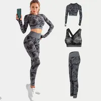Women Yoga Suit Seamless Camo Long Sleeve Crop Top Sport Suit Woman 3 Piece Yoga Set Sports Bra and Panty Set