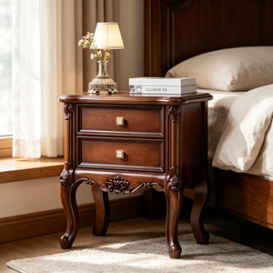 New Arrival Ornate Floral Carved Cabriole Leg Two <b>Drawer</b> Solid Wood Nightstand for American Bedroom - Product Image 1