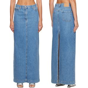 Jupe longue en jean bleu fendue personnalisée pour femme 100 % coton avec fermeture éclair - Product Image 6