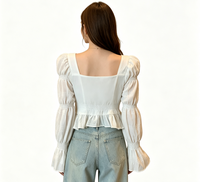Chemisier personnalisé à col carré et volants pour femme, manches longues bouffantes évasées, taille smockée, coupe courte, hauts décontractés personnalisables