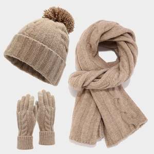 European American Classic Retro <b>Twist</b> Woolen Beanie Hat Scarf Gloves Three-piece Winter Fashion Knitted Hat Sets - Product Image 1