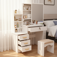 Table de toilette moderne extensible en bois pour chambre d'hôpital ou appartement, avec tiroirs de rangement et miroir éclairé réglable sur pied au design panneau.