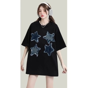 High Street Unisex Fashion Oversize t Shirt with Vintage Denim Stars Patchwork Streetwear Men Women Jersey <strong>Tops</strong> - Product Image 1