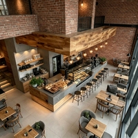 Comptoir de bar en bois et acier inoxydable, idéal pour les boulangeries, les cafés, les restaurants, les zones de réception d'hôtels et les salles d'exposition