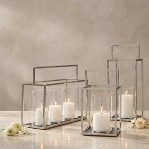 ผู้ผลิตเชิงเทียนแก้วทรงกระบอกโครงเหล็กสแตนเลสหลากหลายรูปทรง - Product Image 1