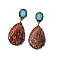 Boucles d'oreilles pendantes en cuir style western, motif cactus floral, avec pierre turquoise, plaqué argent, idéales pour un cadeau