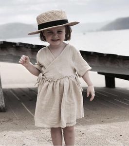 Ropa de Boutique para Niñas al por Mayor, Vestido de Algodón y Lino de Manga Corta con Cárdigan, Estilo Personalizado - Product Image 5