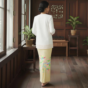 ชุดเดรสยาวลายเรขาคณิตปักลายแบบเป็นมิตรกับสิ่งแวดล้อม รุ่นเซดดอนดอน รายา 2025 จากโรงงานบาจู คูรุง พร้อมดีไซน์พองตัวแบบโมเดิร์นและผ้าลูกไม้ - Product Image 4