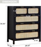 Commode moderne noire en rotin à 5 tiroirs avec façades tressées, meuble de rangement en bois, vente en gros pour chambre et salon