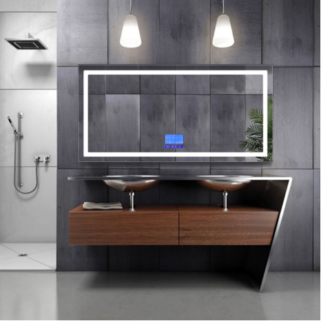 Индивидуальный современный дизайн 2021 противотуманное умное функциональное зеркало со светодиодной подсветкой для ванной комнаты