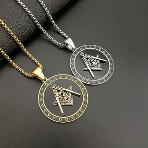 Fashion Stainless Steel Masonic Pendant Fine Jewelry Gold Plated Round Shape AG Freemason Necklace for Women Men Gift
