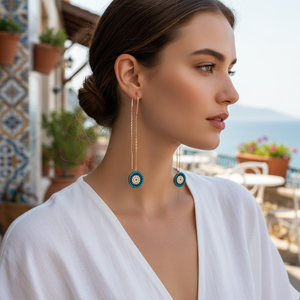 <b>Threader</b> Long <b>Earrings</b> Turquoise Stone Turkish Handmade Rhodium & Gold Plated Trendy Gift 925 Sterling Silver Jewelry - Product Image 3