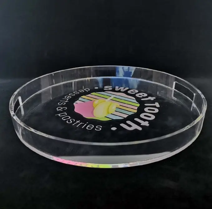 Xinkeda Custom UV Printed Round Display Organizer Storage Plexiglass Clear Food Serving Trays Acrylic Tray