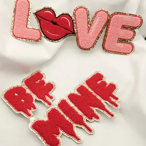 사용자 정의 발렌타인 데이 시리즈 사랑 입술 반짝이 편지 핑크 패치 다리미 옷 까마귀 셔닐 패치