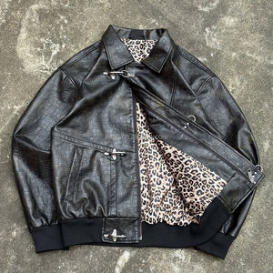 Giacca in Pelle Antivento Personalizzata con Fibbia da Pompiere, Cappotto Casual di Alta Qualità con Cerniera, Giacche da Uomo alla Moda con Fodera Leopardata - Product Image 1