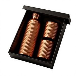 Authentic Copper Water Bottle and <b>2</b> <b>Cups</b> Set Ribbed <b>Flask</b> Gift Box Minimalist Portable Travel Drinkware - Product Image 1