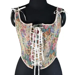 Haut court imprimé Floral femme sans manches Bandage court sangle gilet pour femmes Vintage mode coréenne 2022 Corset à lacets