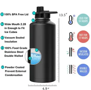 زجاجة مياه 87OZ من الفولاذ المقاوم للصدأ تحافظ على برودة المياه لمدة 24 ساعة وساخنة لمدة 12 ساعة ذات جدار مزدوج وتصميم وشعار مخصص