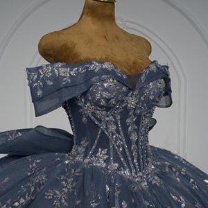 Xybb06-Pz Dusty Blue Quinceanera Ball Gown <b>Silver</b> Embroidery Corset Glitter Chiffon Natural Vintage Formal Evening Party - Product Image 6