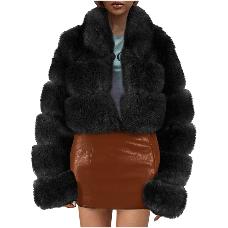 Noir Recadrée Faux Manteau De Fourrure