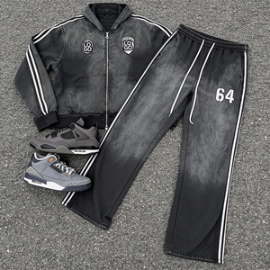 Conjunto de Sudadera con Capucha y Cremallera para Hombre, Estilo Urbano, de Fibra de Bambú 100%, con Estampado a Rayas, Efecto Desgastado y Lavado, Marca Lost Edge - Product Image 2