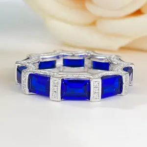 Модное кольцо 925 стерлингового серебра синий сапфир кольцо кубический цирконий Вечность Обручальное кольцо кольца ювелирные изделия для женщин