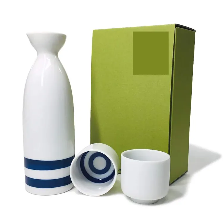 white painting cheap high quality japanese style ceramic sake bottle with two cups