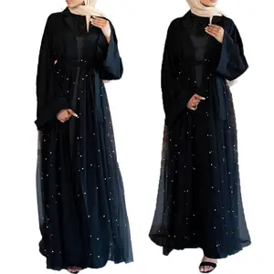 ขายส่งดูไบมุสลิมผู้หญิงเปิด Cardigan สีดำ Abaya ลูกไม้ลูกไม้ชุด Maxi อิสลามเสื้อผ้า