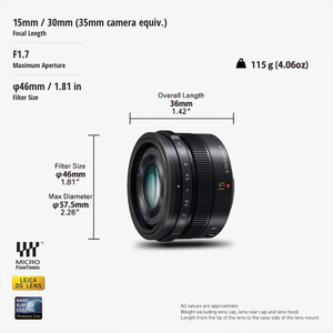 Panasonic <span class=keywords><strong>LEICA</strong></span> DG SUMMILUX <span class=keywords><strong>15mm</strong></span> F1.7 ASPH Nero (HX015) - Product Image 6