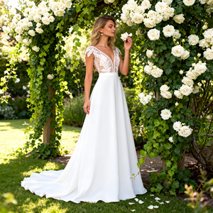 Robe de mariée en satin grande taille |   Robe de mariée cathédrale avec décolleté en V profond, sans manches et dentelle de luxe - Product Image 3