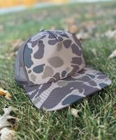 Casquette de chasse camouflage 6 panneaux Performance en gros avec logo patch en cuir personnalisé, casquette trucker en toile de coton marron camouflage pour la pêche