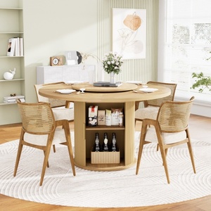 Table à manger ronde moderne avec rangement et plateau tournant, plateau en panneaux de particules et MDF de 55 pouces, pieds en bois, écologique et durable - Product Image 2