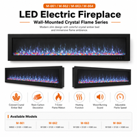 Cheminée électrique moderne avec écran LCD, flamme LED, structure métallique, télécommande et affichage en anglais pour usage domestique et hôtelier