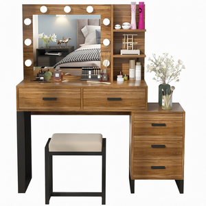 Table de maquillage et de toilette moderne en bois de pin brun de grande taille pour hôtel et salon, avec éclairage LED, vente en gros - Product Image 1
